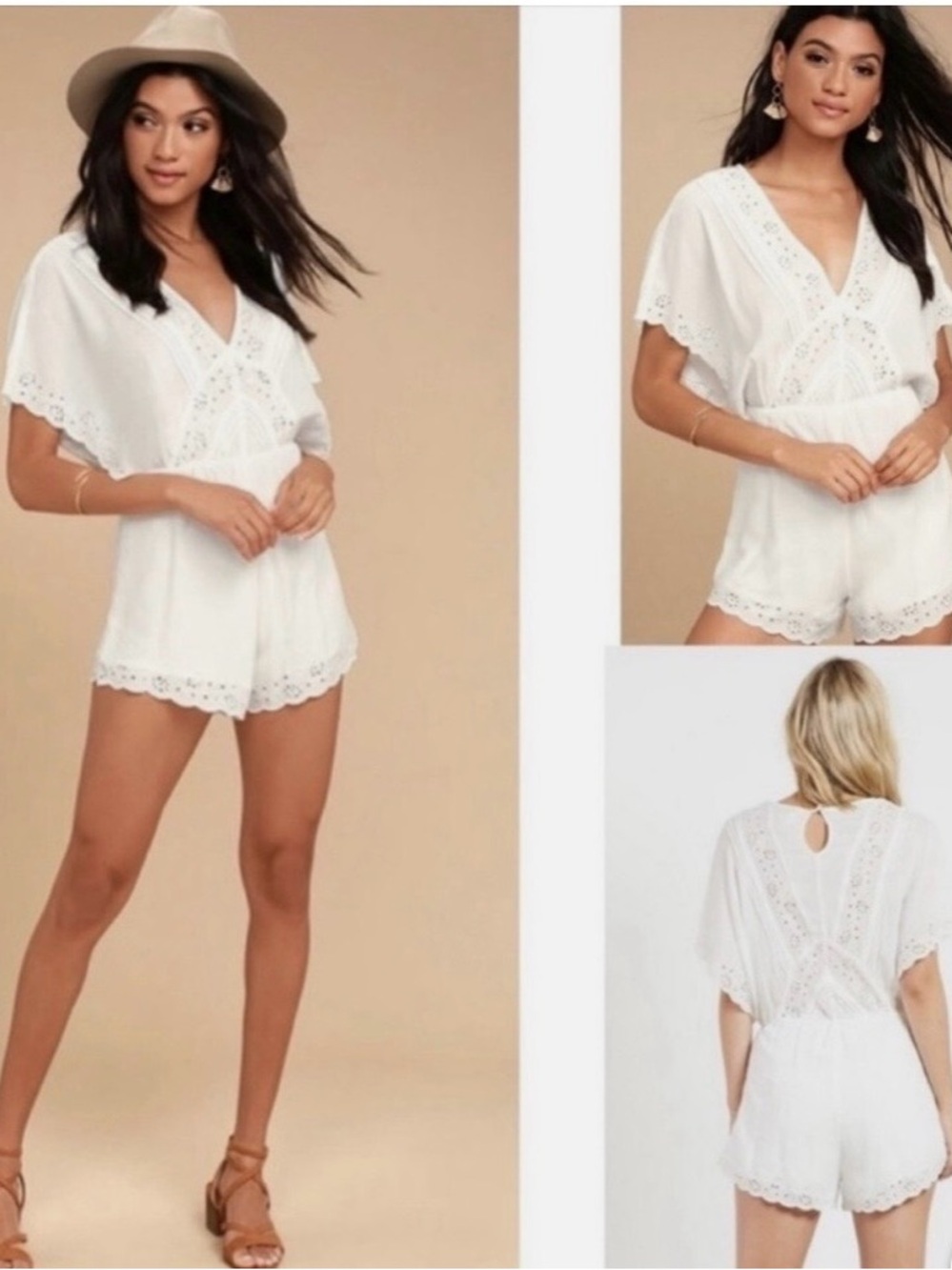 Amuse Society Womens Anderson Eyelet V-neck Romper White Dolman Sleeve